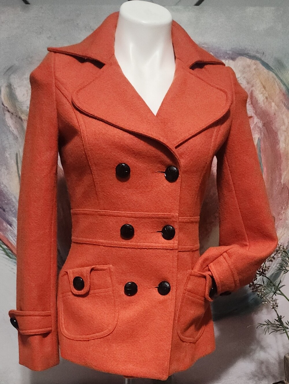Retro XXI Forever 21 Burnt Orange Double Breasted Peacoat Wool Blend Size S